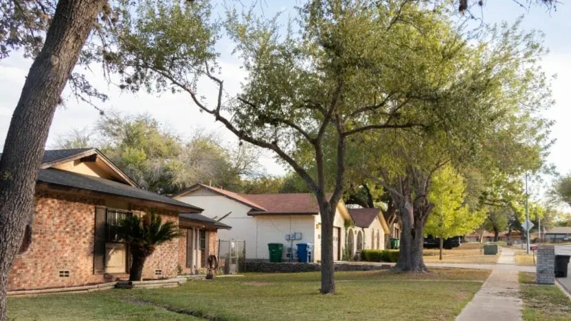 A San Antonio street of brick ranch houses with mature oaks