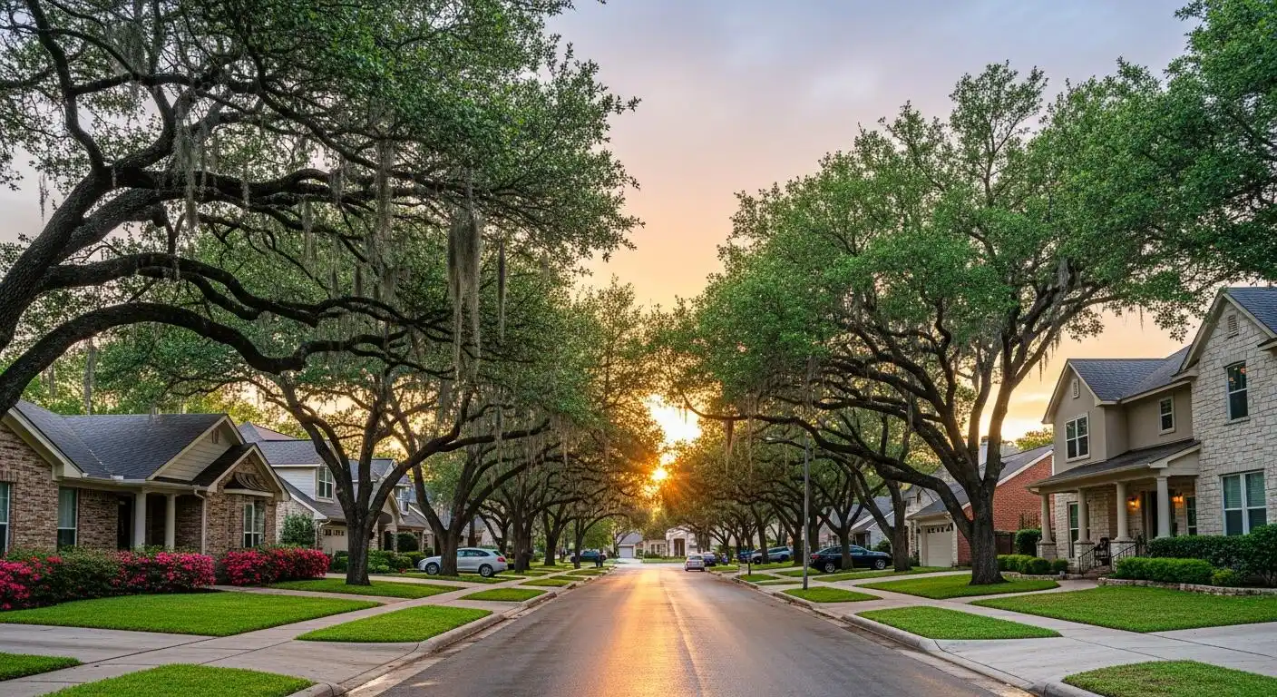 A tree-lined street of single-family houses in San Antonio at sunrise
